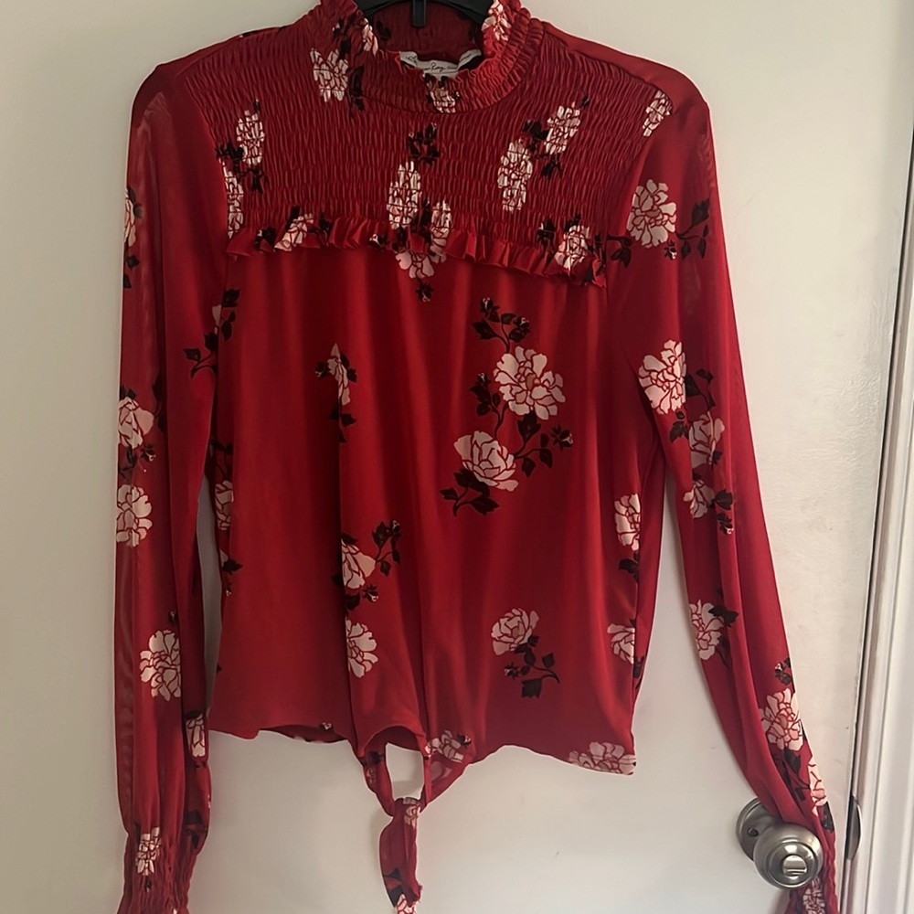 Red flowered long sleeve mock neck top. - Picture 1 of 4